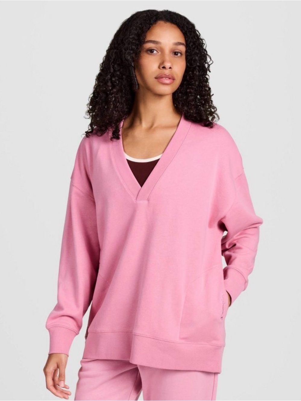 NWT! Women's Champion Pink V-Neck French Terry Athletic Sweatshirt Pullover Sml